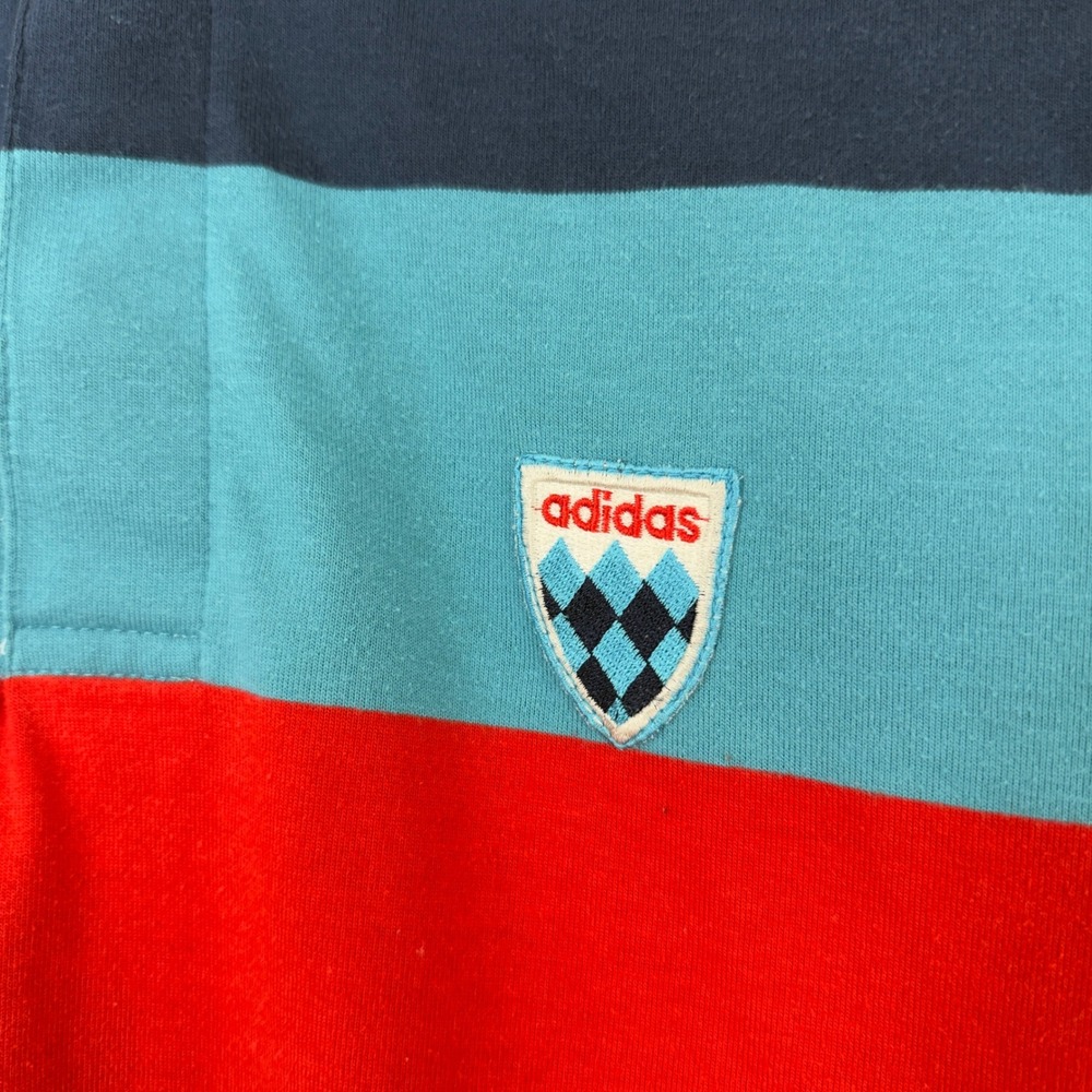 Mens Single Stitch Adidas Vintage Shield Rugby Polo Shirt Blue And Red Striped - Picture 3 of 6
